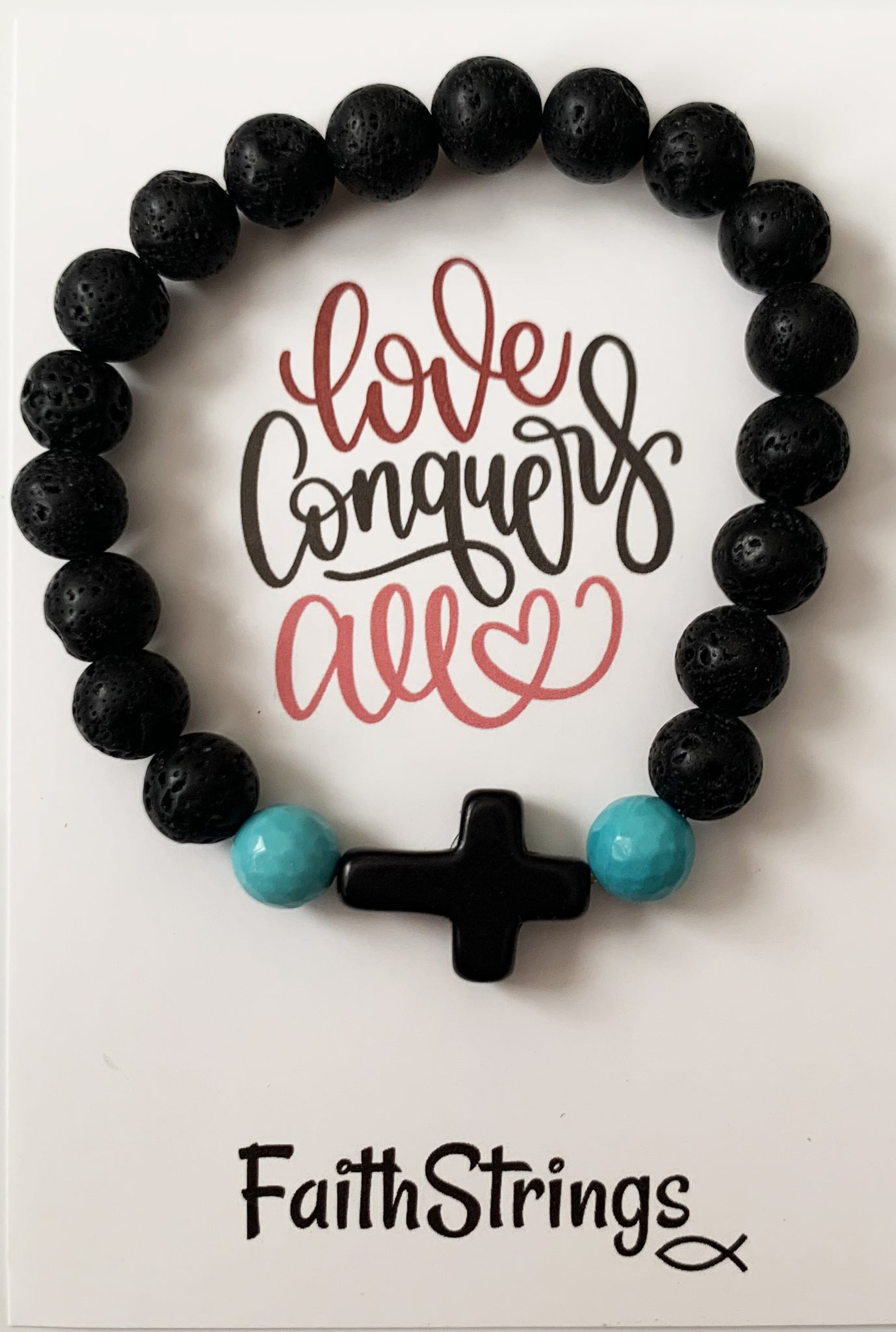 Christian Gift Lava Bead Bracelet Black Cross Turquoise Bead Love