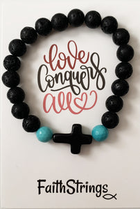 B5 - Lava Bead Bracelet Black Cross with Turquoise Bead - Wholesale