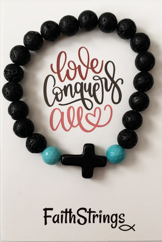 B5 - Lava Bead Bracelet Black Cross with Turquoise Bead - Wholesale