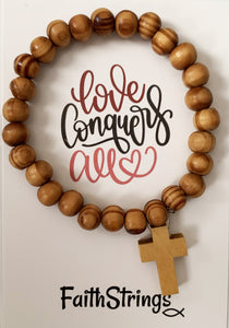 Christian Gift Wood Wooden Bead Stretch Bracelet Cross Love