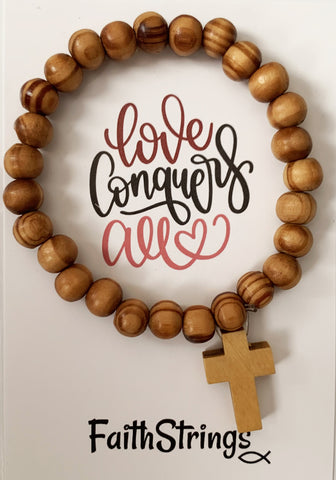 Christian Gift Wood Wooden Bead Stretch Bracelet Cross Love