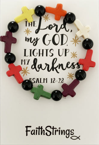 Multicolored Christian Cross Bead Stretch Bracelet Lights Up