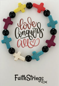 Multicolored Christian Cross Bead Stretch Bracelet Love