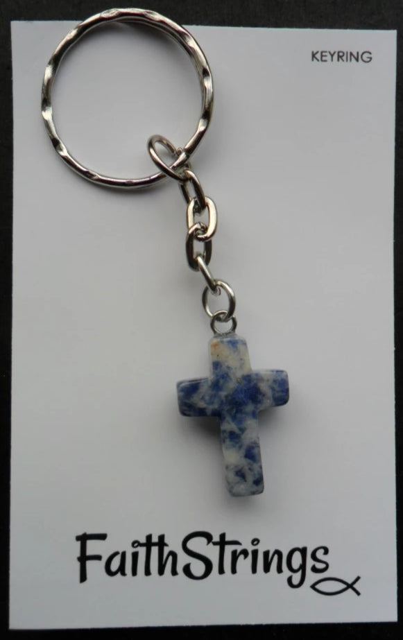 Keyring Keychain Christian Gift Faithstrings Blue Marbled Quartz Cross