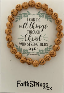 Wood Effect Acrylic Bead Bracelet Cross Stretch Christian Gift Faithstrings Light Shine
