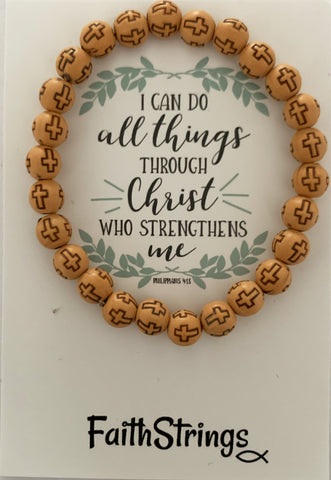 Wood Effect Acrylic Bead Bracelet Cross Stretch Christian Gift Faithstrings Light Shine