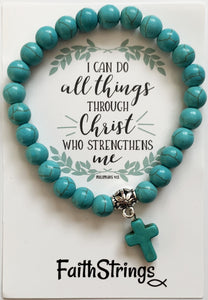 Christian Cross Synthetic Turquoise Bead Stretch Bracelet
