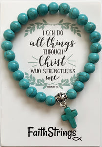 Christian Cross Synthetic Turquoise Bead Stretch Bracelet - Wholesale