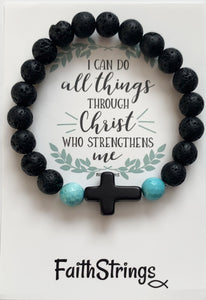 B6 - Lava Bead Bracelet Black Cross with Turquoise Bead- Wholesale