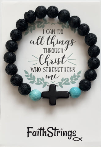 B6 - Lava Bead Bracelet Black Cross with Turquoise Bead- Wholesale