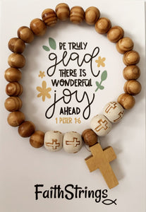 Be truly glad there is wonderful joy ahead Christian Gift Cross Wood White Bead Bracelet