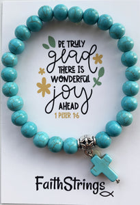 Christian Gift Synthetic Turquoise Bead Stretch Bracelet with dangle cross - glad joy