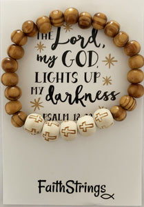 The Lord My God Lights Up My Darkness Christian Wood White Bead Bracelet
