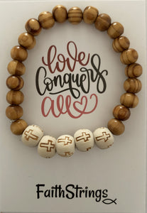 Love Conquers All Christian Wood White Bead Bracelet