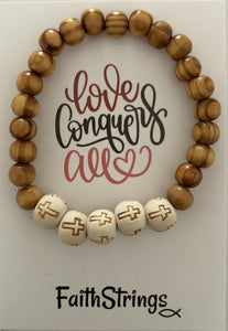 Christian Gift Wood Wooden Bead Stretch Bracelet Cross Love