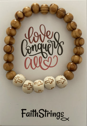 Love Conquers All Christian Wood White Bead Bracelet