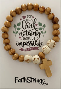 For with God Nothing shall be impossible Christian Cross Wood White Bead Bracelet