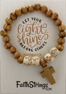 Let Your Light Shine Before Others Christian Cross Wood White Bead Bracelet